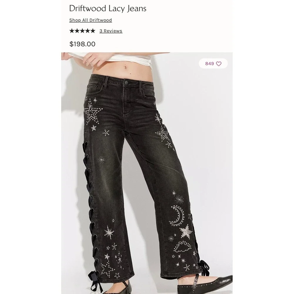 Driftwood Lacy Celestial‎ Embroidered Lace Up Side Wide Leg Jeans Black Size 28